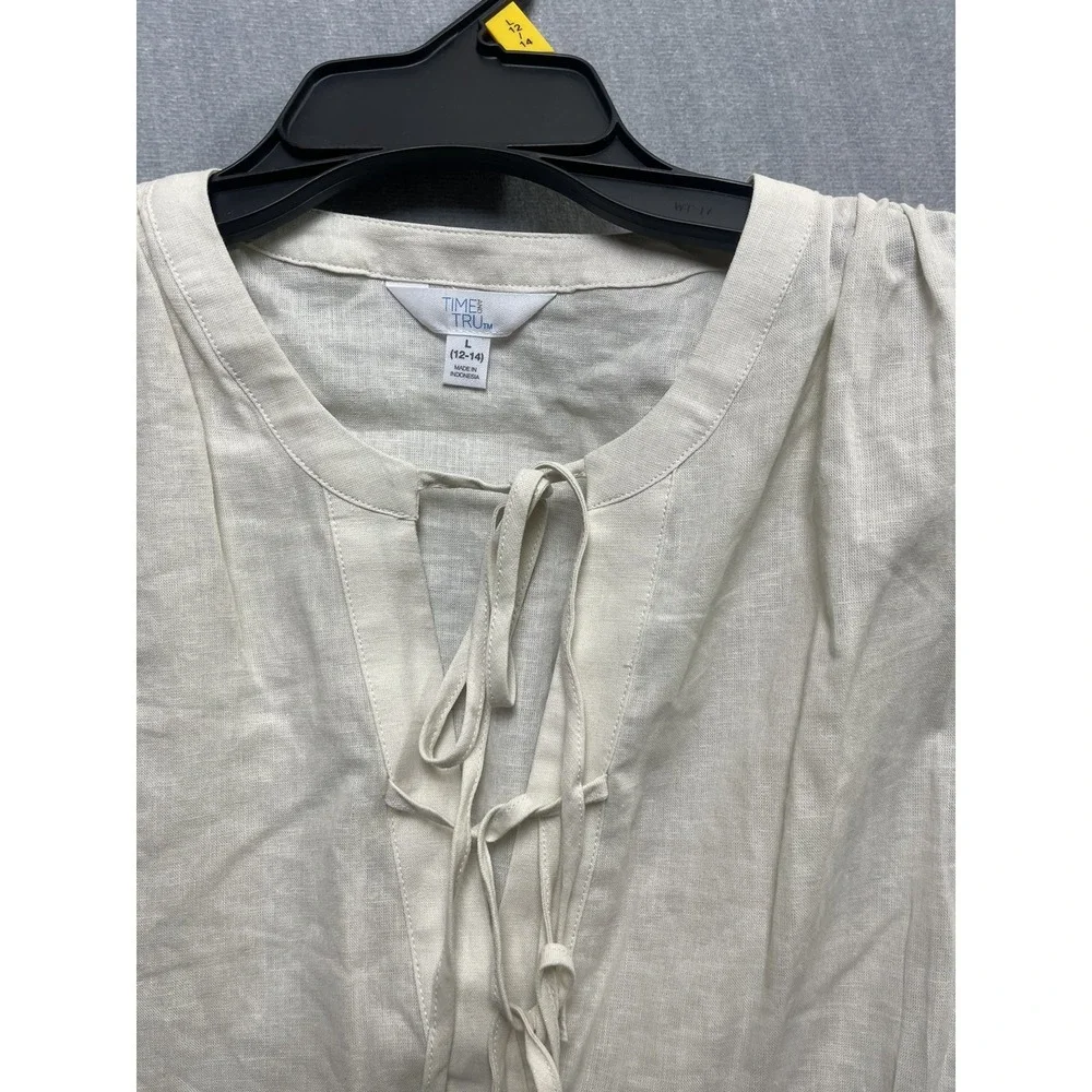 Time and True Ivory cream blouse size L adjustable Rushed drawstring shoulder